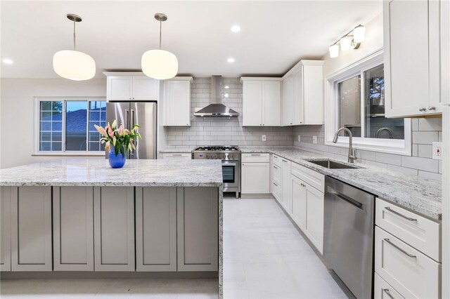 7118 Mcpherson Blvd, Point Breeze, PA 15208 - kitchen with wall chimney exhaust hood, high end appliances, a sink, a kitchen island, and backsplash