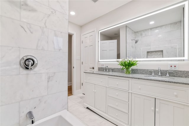 7118 Mcpherson Blvd, Point Breeze, PA 15208 - bathroom with double vanity, marble finish flooring, a tile shower, recessed lighting, and a bath