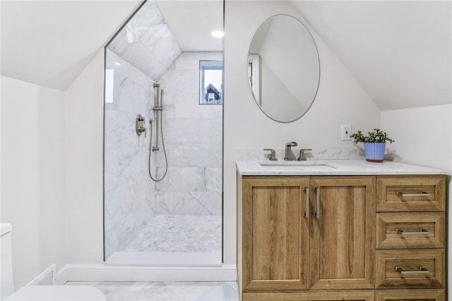 7118 Mcpherson Blvd, Point Breeze, PA 15208 - bathroom with toilet, lofted ceiling, walk in shower, and vanity