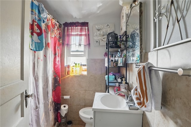 4218 Lebanon Church Rd, West Mifflin, PA 15122 - bathroom with tile walls, vanity, toilet, and curtained shower
