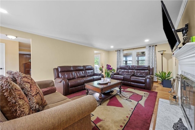 1209 Satellite Cir, Upper St Clair, PA 15241 - living room with crown molding, a high end fireplace, wood finished floors, and recessed lighting