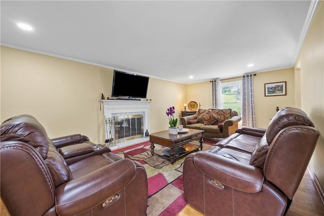 1209 Satellite Cir, Upper St Clair, PA 15241 - living room featuring ornamental molding, a glass covered fireplace, recessed lighting, and wood finished floors