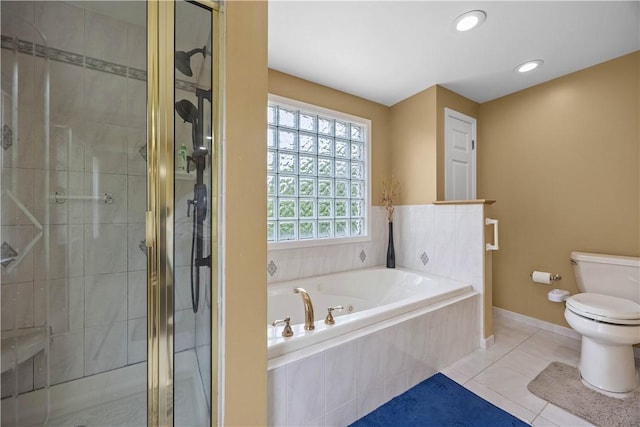 1209 Satellite Cir, Upper St Clair, PA 15241 - bathroom featuring toilet, a bath, a shower stall, tile patterned flooring, and recessed lighting