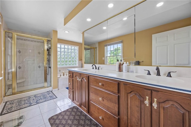 1209 Satellite Cir, Upper St Clair, PA 15241 - full bathroom featuring a stall shower, a garden tub, double vanity, tile patterned flooring, and recessed lighting