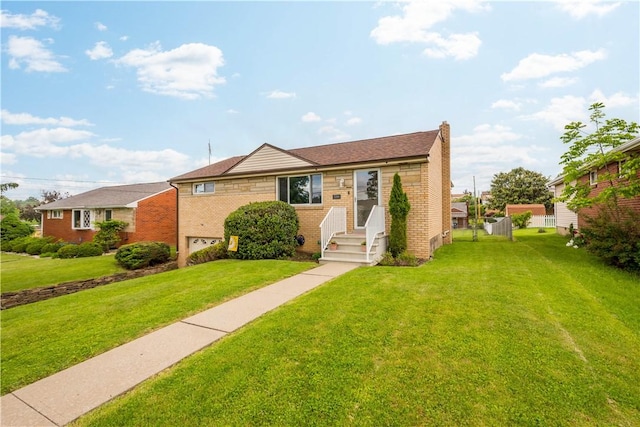 5266 Meadowcrest Rd, Baldwin Boro, PA 15236 - view of front facade featuring a garage, brick siding, a front lawn, entry steps, and a chimney