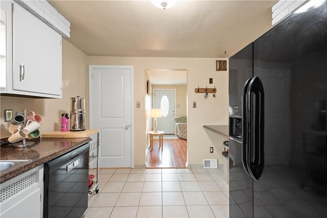 5266 Meadowcrest Rd, Baldwin Boro, PA 15236 - kitchen featuring black appliances, white cabinets, light tile patterned floors, and dark stone counters