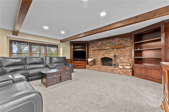 7104 Cresswyck Ct, Marshall, PA 15090 - living room with beam ceiling, carpet floors, a brick fireplace, built in features, and recessed lighting