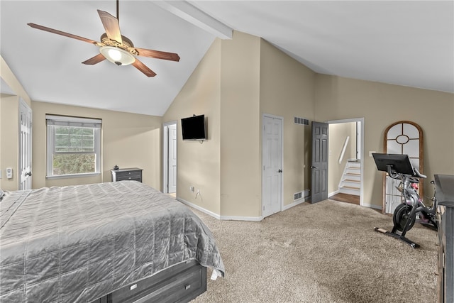 7104 Cresswyck Ct, Marshall, PA 15090 - carpeted bedroom featuring baseboards, high vaulted ceiling, beam ceiling, and ceiling fan