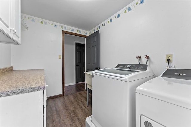 7104 Cresswyck Ct, Marshall, PA 15090 - laundry room with cabinet space, independent washer and dryer, dark wood finished floors, and baseboards