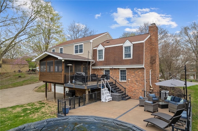 7104 Cresswyck Ct, Marshall, PA 15090 - back of property with a sunroom, a deck, outdoor lounge area, a chimney, and stairway