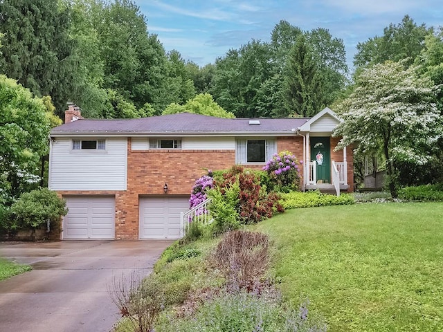 305 Ivy Dr, Pine Twp Nal, PA 15044 - view of front facade featuring brick siding, concrete driveway, a chimney, an attached garage, and a front lawn