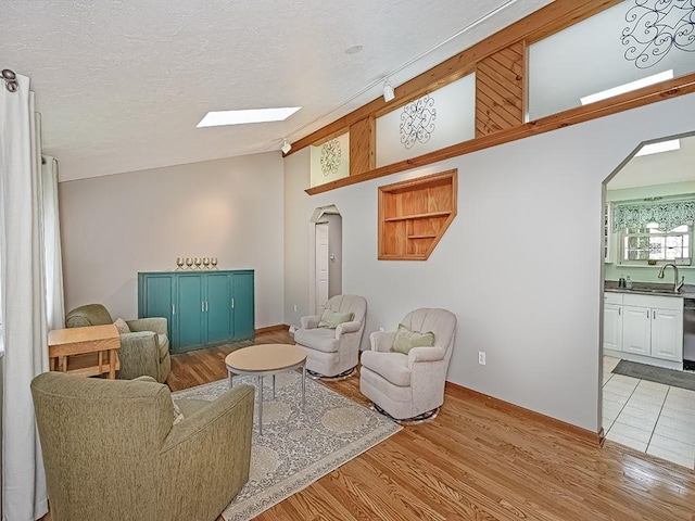 305 Ivy Dr, Pine Twp Nal, PA 15044 - living area featuring light wood-style flooring, lofted ceiling, a textured ceiling, a skylight, and arched walkways