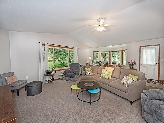 305 Ivy Dr, Pine Twp Nal, PA 15044 - living room featuring a ceiling fan, vaulted ceiling, healthy amount of natural light, and carpet floors