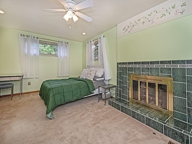 305 Ivy Dr, Pine Twp Nal, PA 15044 - carpeted bedroom featuring a tile fireplace, a ceiling fan, and recessed lighting