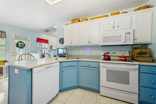 1011 Sunnyfield Ct, Penn Twp Wml, PA 15636 - kitchen with white appliances, blue cabinets, light tile patterned floors, a sink, and a peninsula