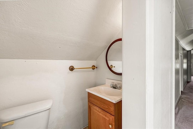27781/2 Mill St, Hopewell Twp Bea, PA 15001 - bathroom featuring vanity, lofted ceiling, a textured ceiling, and toilet