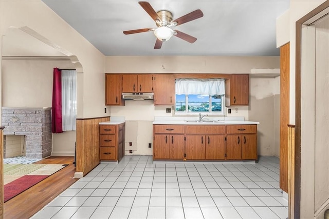 27781/2 Mill St, Hopewell Twp Bea, PA 15001 - kitchen with a sink, under cabinet range hood, brown cabinets, a ceiling fan, and light countertops