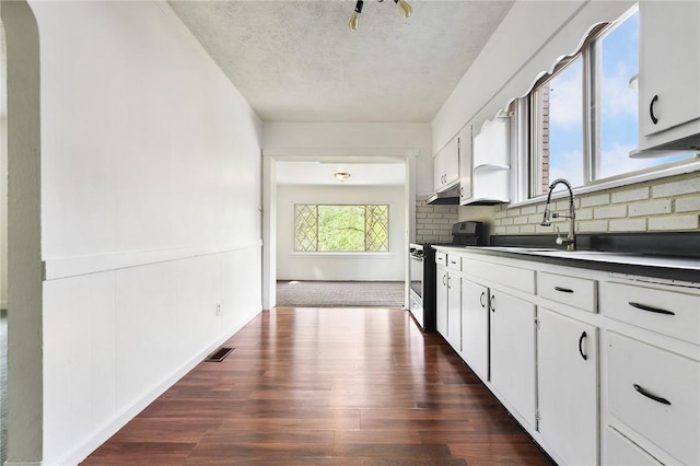 163 Universal Rd, Penn Hills, PA 15235 - kitchen featuring electric stove, dark wood-type flooring, decorative backsplash, a textured ceiling, and white cabinets