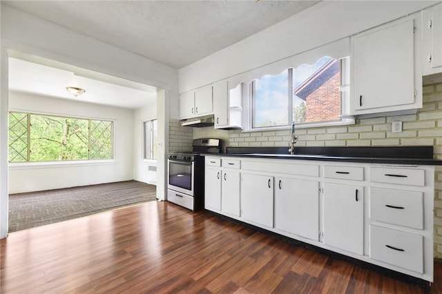163 Universal Rd, Penn Hills, PA 15235 - kitchen featuring gas stove, dark countertops, dark wood-style flooring, and tasteful backsplash