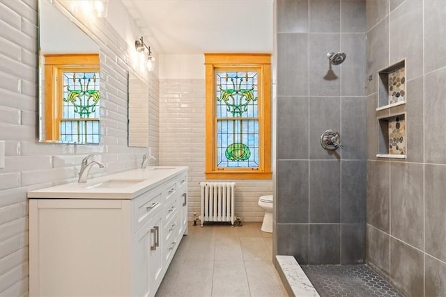 3319 Beechwood Blvd, Squirrel Hill, PA 15217 - bathroom with radiator heating unit, plenty of natural light, double vanity, toilet, and tile walls