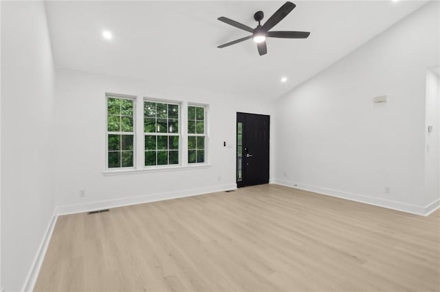 219 Randy Ln, Moon/Crescent Twp, PA 15108 - spare room with light wood-style flooring, a ceiling fan, baseboards, recessed lighting, and high vaulted ceiling