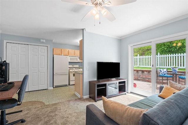 1544 Eldorado Dr, Hopewell Twp Bea, PA 15001 - living room featuring light carpet, crown molding, light tile patterned flooring, a ceiling fan, and baseboards