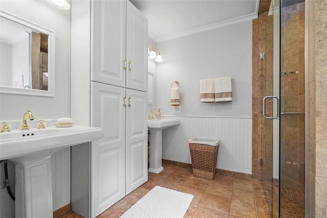 1544 Eldorado Dr, Hopewell Twp Bea, PA 15001 - bathroom with ornamental molding, a stall shower, a sink, a wainscoted wall, and baseboards