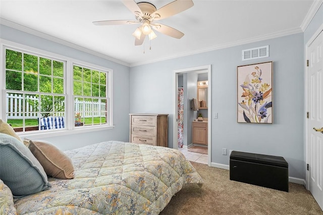 1544 Eldorado Dr, Hopewell Twp Bea, PA 15001 - bedroom featuring carpet, baseboards, ornamental molding, connected bathroom, and a ceiling fan