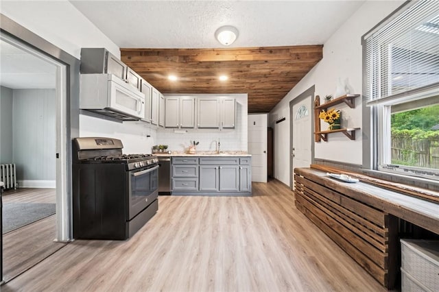 507 Sells Ln, Hempfield Twp Wml, PA 15601 - kitchen with appliances with stainless steel finishes, gray cabinets, light wood-style floors, radiator heating unit, and light countertops