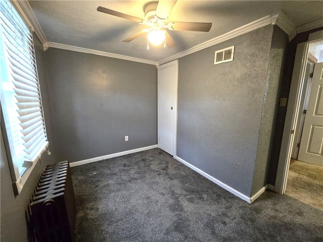 1505 Berkshire Ave, Brookline, PA 15226 - spare room with dark carpet, ceiling fan, ornamental molding, baseboards, and a textured wall