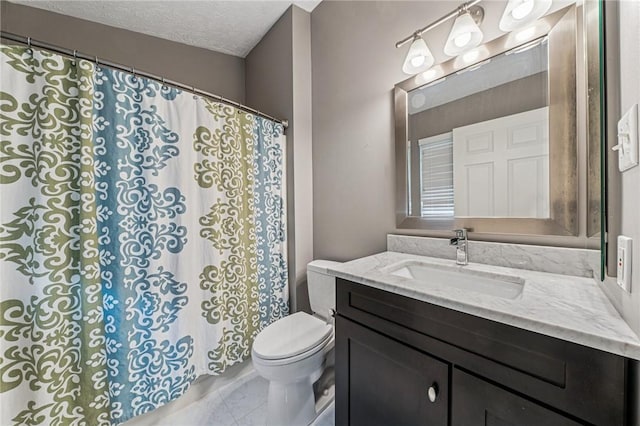 8201 Club Side Dr, Adams Twp, PA 16046 - bathroom featuring toilet, vanity, a textured ceiling, and curtained shower