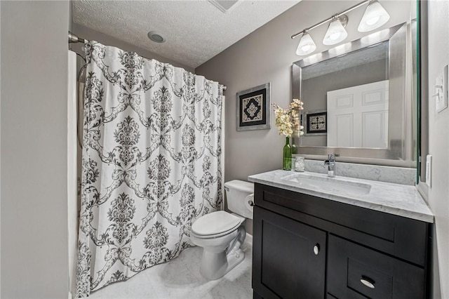 8201 Club Side Dr, Adams Twp, PA 16046 - bathroom featuring a textured ceiling, vanity, toilet, and a shower with shower curtain