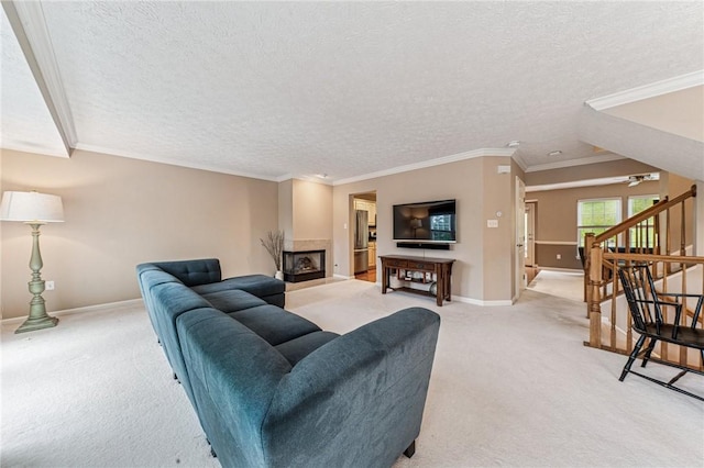 8201 Club Side Dr, Adams Twp, PA 16046 - living area featuring light colored carpet, a textured ceiling, baseboards, stairs, and a fireplace