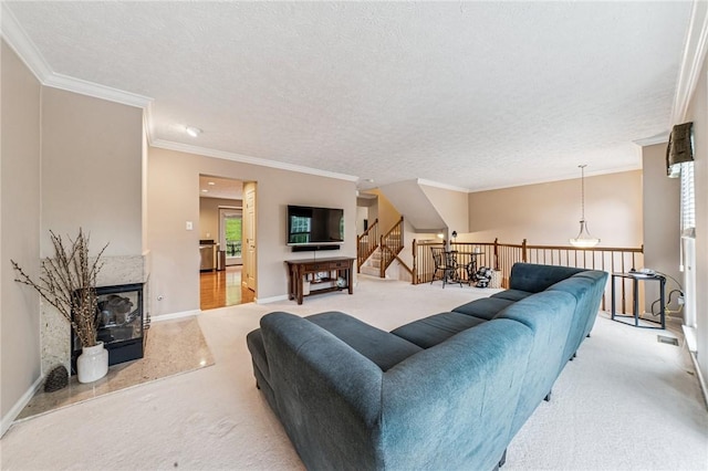 8201 Club Side Dr, Adams Twp, PA 16046 - living area with light colored carpet, crown molding, a textured ceiling, baseboards, and a high end fireplace