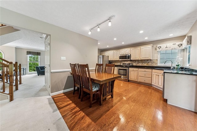 8201 Club Side Dr, Adams Twp, PA 16046 - dining area with light wood-style flooring, baseboards, a textured ceiling, and recessed lighting
