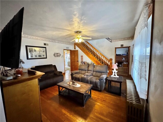 211 Stephens St, Vanderbilt, PA 15486 - living area featuring ceiling fan, wood finished floors, and stairway