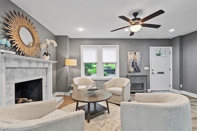 273 Inglewood Dr, Mt Lebanon, PA 15228 - living area with plenty of natural light, wood finished floors, baseboards, a ceiling fan, and recessed lighting