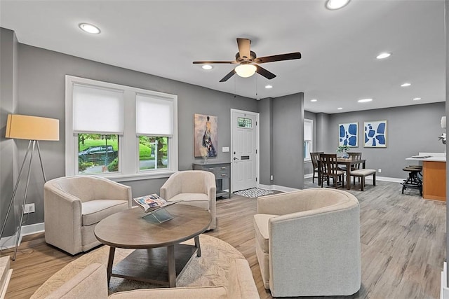 273 Inglewood Dr, Mt Lebanon, PA 15228 - living room with a ceiling fan, baseboards, light wood-style flooring, and recessed lighting