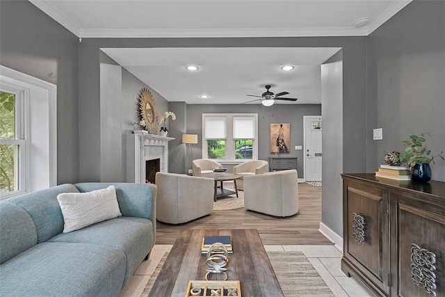 273 Inglewood Dr, Mt Lebanon, PA 15228 - living area with a premium fireplace, ceiling fan, baseboards, light wood-type flooring, and recessed lighting