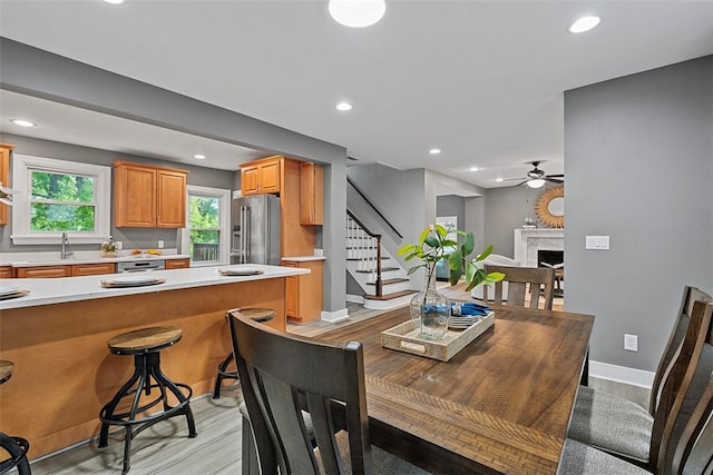 273 Inglewood Dr, Mt Lebanon, PA 15228 - dining space featuring recessed lighting, stairs, a fireplace, baseboards, and ceiling fan