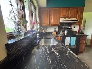 798 Hecla Rd, Mount Pleasant Twp Wml, PA 15666 - kitchen featuring under cabinet range hood, dark countertops, brown cabinets, and a sink