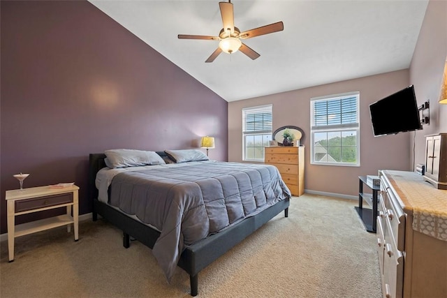 1033 Granite Dr, South Fayette, PA 15057 - bedroom featuring light colored carpet, lofted ceiling, baseboards, and ceiling fan
