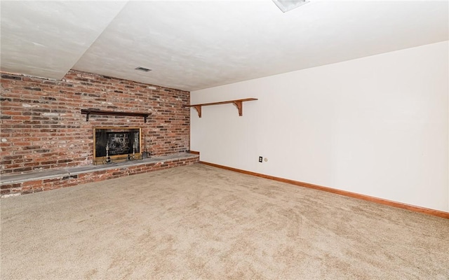 4610 School Dr, Hampton, PA 15101 - unfurnished living room featuring carpet, a brick fireplace, and baseboards