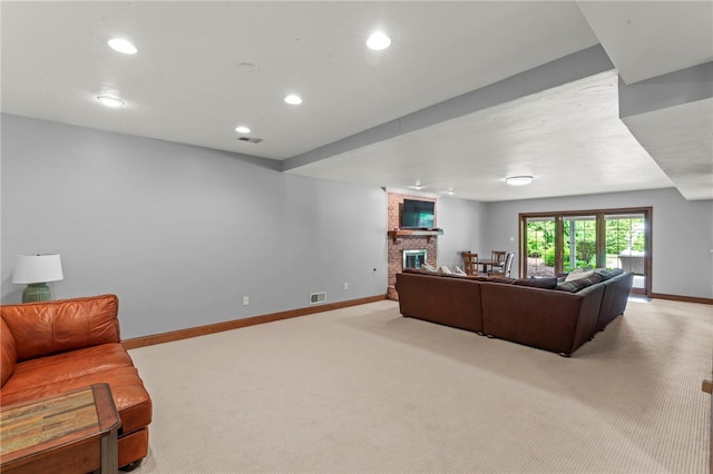 105 Pin Oak Ct, Peters Twp, PA 15367 - living room featuring light colored carpet, baseboards, recessed lighting, and a fireplace