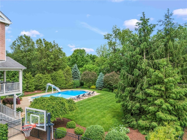 105 Pin Oak Ct, Peters Twp, PA 15367 - view of swimming pool with a water slide, a yard, and stairs