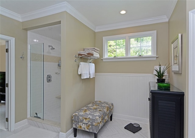 3875 Ashland Ct, Hampton, PA 15101 - full bathroom with a stall shower, wainscoting, baseboards, crown molding, and recessed lighting