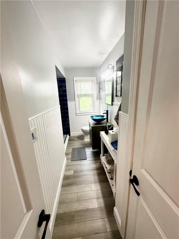 1425 Elgin, Aliquippa, PA 15001 - full bath with toilet, a wainscoted wall, wood finished floors, vanity, and a shower