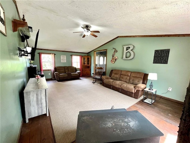 2513 Old Rte 18, New Beaver Boro, PA 16157 - living area with a ceiling fan, a textured ceiling, baseboards, wood finished floors, and vaulted ceiling
