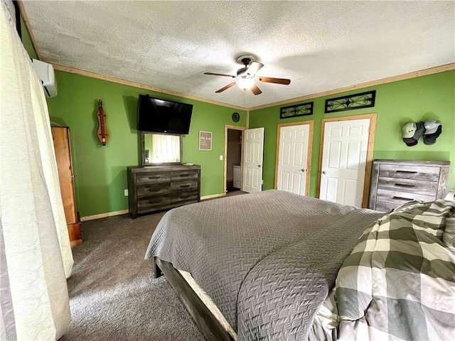 2513 Old Rte 18, New Beaver Boro, PA 16157 - carpeted bedroom featuring an AC wall unit, a textured ceiling, ceiling fan, baseboards, and ornamental molding