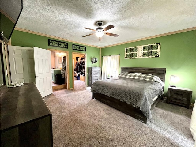 2513 Old Rte 18, New Beaver Boro, PA 16157 - carpeted bedroom featuring a textured ceiling, a spacious closet, a closet, a ceiling fan, and ornamental molding